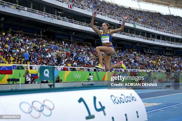 Ukraine's Olga Saladukha competes in the Women's Triple Jump Qualifying Round during the athletics event at the Rio 2016 Olympic Games at the Olympic...