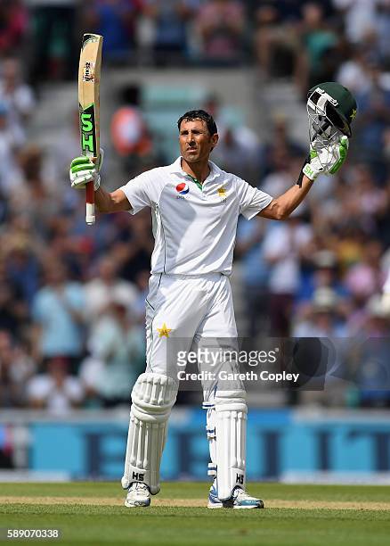 Younis Khan of Pakistan celebrates reaching his double century during day three of the 4th Investec Test between England and Pakistan at The Kia Oval...