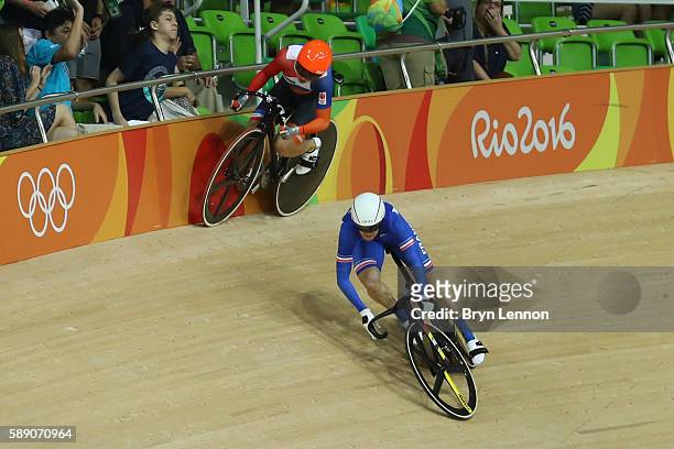 Virginie Cueff of France crashes out during the women's keirin first round on Day 8 of the Rio 2016 Olympic Games at the Rio Olympic Velodrome on...