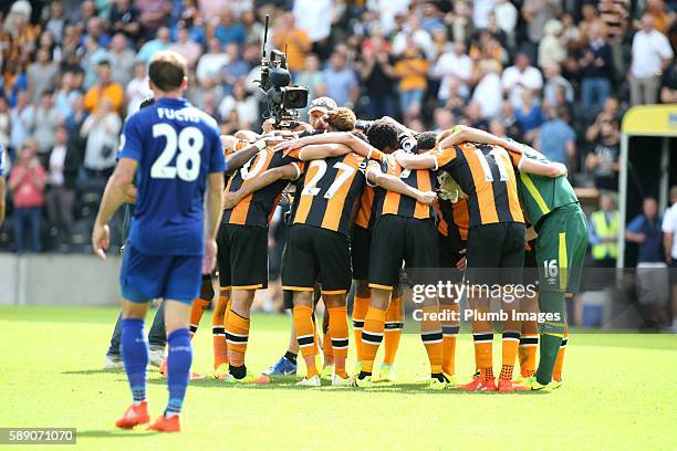 Hull City celebrate after the final whistle after beating Leicester City 2-1 in the Premier League match between Leicester City and Hull City at KC...