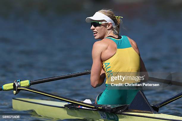 Kimberley Brennan of Australia celebrates winning the gold medal after the Women's Single Sculls Final A on Day 8 of the Rio 2016 Olympic Games at...