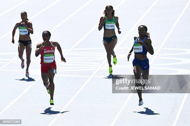 Canada's Alicia Brown, Bahrain's Oluwakemi Adekoya, Brazil's Jailma De Lima and USA's Phyllis Francis compete in the Women's 400m Round 1 during the...