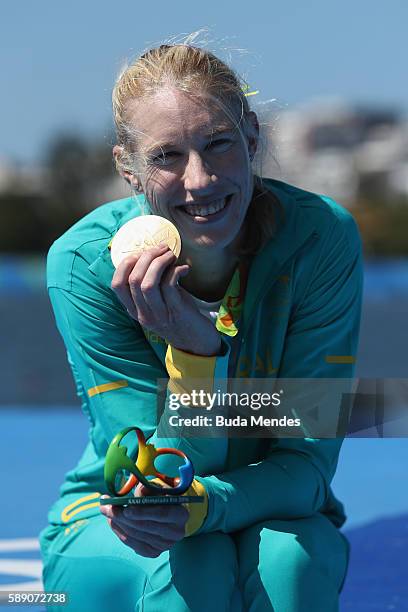 Gold medalist Kimberley Brennan of Australia celebrates on the podium at the medal ceremony for the Women's Single Sculls on Day 8 of the Rio 2016...