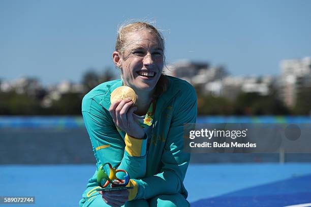 Gold medalist Kimberley Brennan of Australia celebrates on the podium at the medal ceremony for the Women's Single Sculls on Day 8 of the Rio 2016...