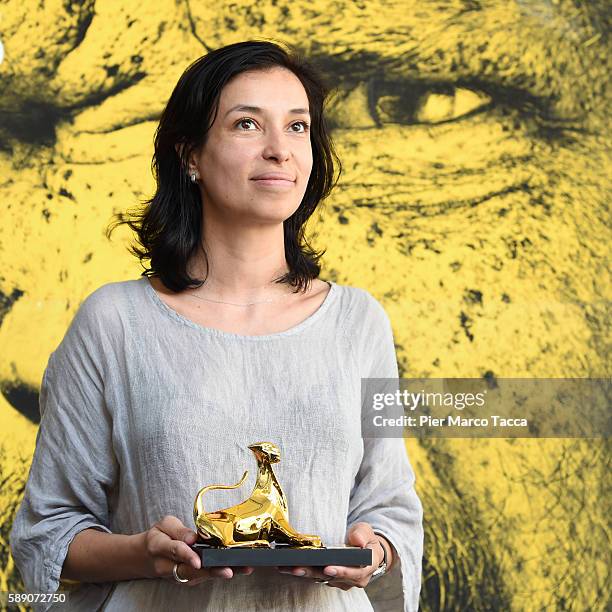 Ralitza Petrova poses with the Pardo d'oro during the 69th Locarno Film Festival on August 13, 2016 in Locarno, Switzerland.