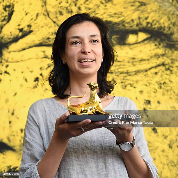 Ralitza Petrova poses with the Pardo d'oro during the 69th Locarno Film Festival on August 13, 2016 in Locarno, Switzerland.