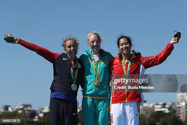 Silver medalist Genevra Stone of the United States, gold medalist Kimberley Brennan of Australia and bronze medalist Jingli Duan of China pose on the...