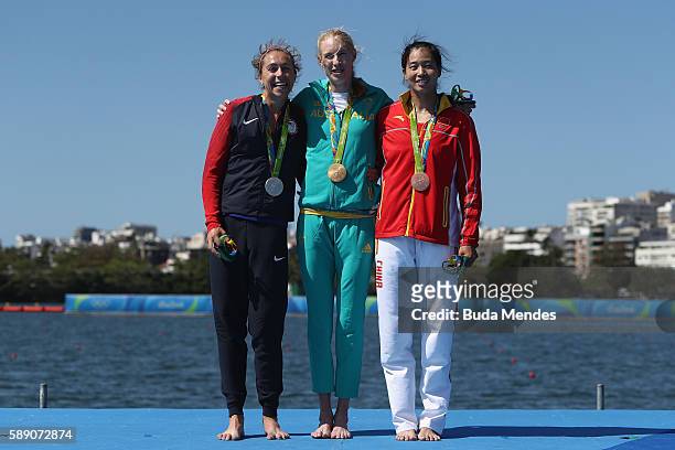 Silver medalist Genevra Stone of the United States, gold medalist Kimberley Brennan of Australia and bronze medalist Jingli Duan of China pose on the...