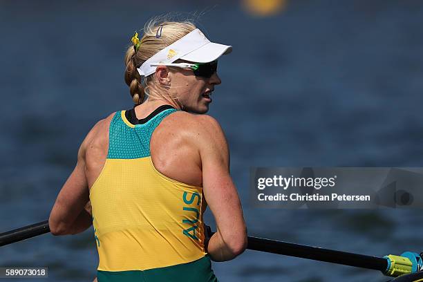 Kimberley Brennan of Australia celebrates winning the gold medal after the Women's Single Sculls Final A on Day 8 of the Rio 2016 Olympic Games at...