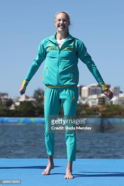 Gold medalist Kimberley Brennan of Australia celebrates on the podium at the medal ceremony for the Women's Single Sculls on Day 8 of the Rio 2016...