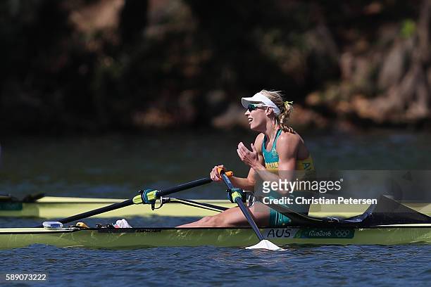 Kimberley Brennan of Australia celebrates winning the gold medal after the Women's Single Sculls Final A on Day 8 of the Rio 2016 Olympic Games at...