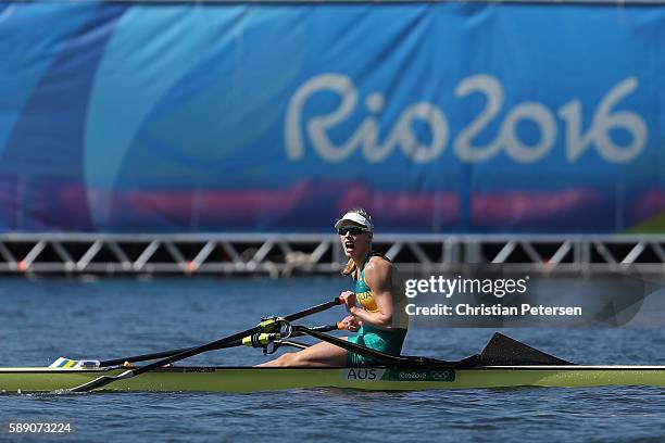 Kimberley Brennan of Australia celebrates winning the gold medal after the Women's Single Sculls Final A on Day 8 of the Rio 2016 Olympic Games at...