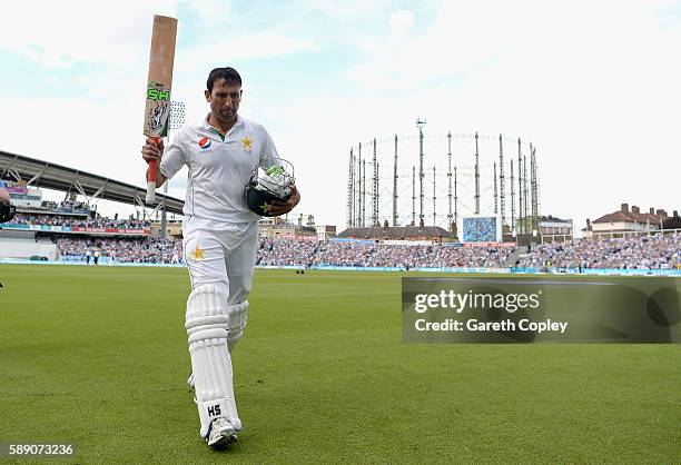 Younis Khan of Pakistan salutes the crowd as he leaves the field after making 218 during day three of the 4th Investec Test between England and...