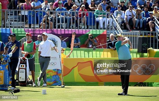 Marcus Fraser of Australia tees off on the first hole during the third round of the Mens Individual Stroke Play event on Day 8 of the Rio 2016...