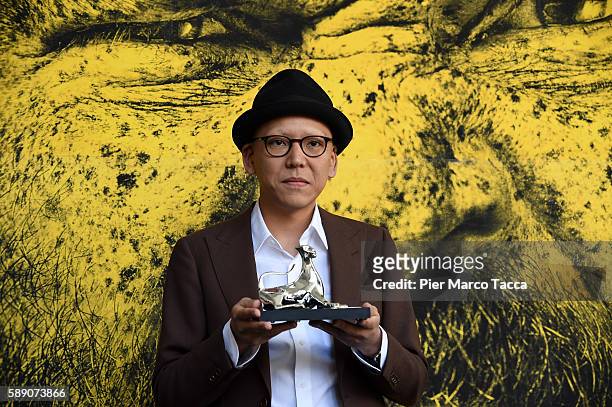 Mariko Tetsuya poses with the Pardo for the emerging director during the 69th Locarno Film Festival on August 13, 2016 in Locarno, Switzerland.