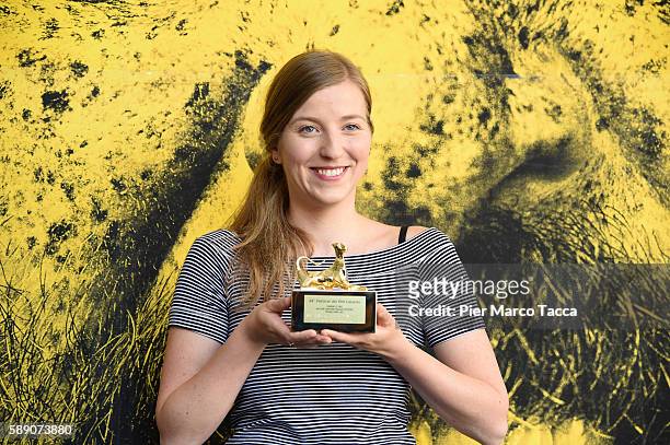 Jadwiga Kowalska poses with Pardino d'Oro for the best Swiss short film during the 69th Locarno Film Festival on August 13, 2016 in Locarno,...