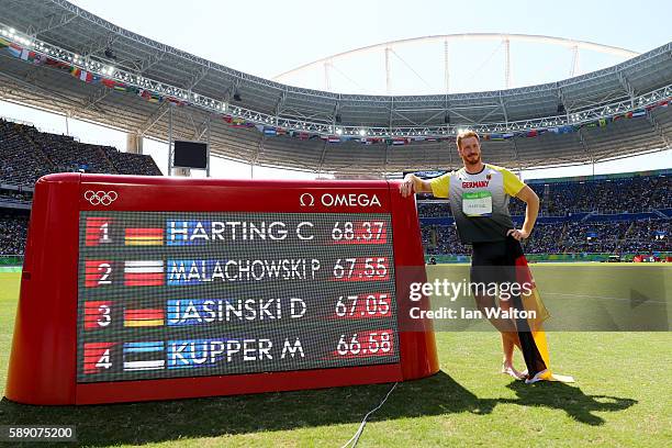 Christoph Harting of Germany wins the Men's Discus Throw Final on Day 8 of the Rio 2016 Olympic Games at the Olympic Stadium on August 13, 2016 in...