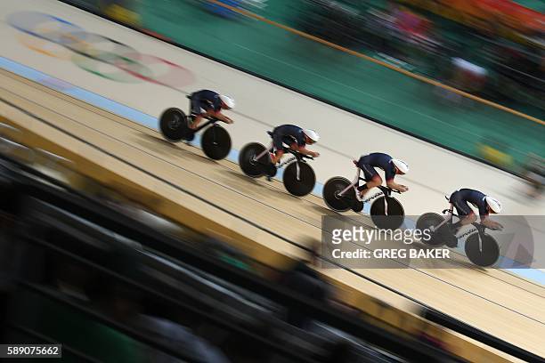 Britain's Katie Archibald, Britain's Elinor Barker, Britain's Joanna Rowsell-Shand and Britain's Laura Trott cycle during the women's Team Pursuit...