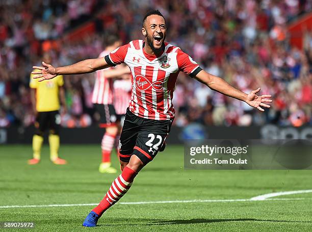 Nathan Redmond of Southampton celebrates scoring his sides first goal during the Premier League match between Southampton and Watford at St Mary's...