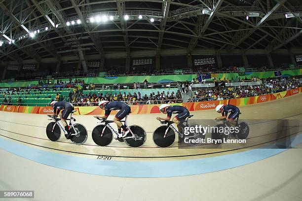 Team Great Britain competes in the Women's Team Pursuit first round on Day 8 of the Rio 2016 Olympic Games at the Rio Olympic Velodrome on August 13,...