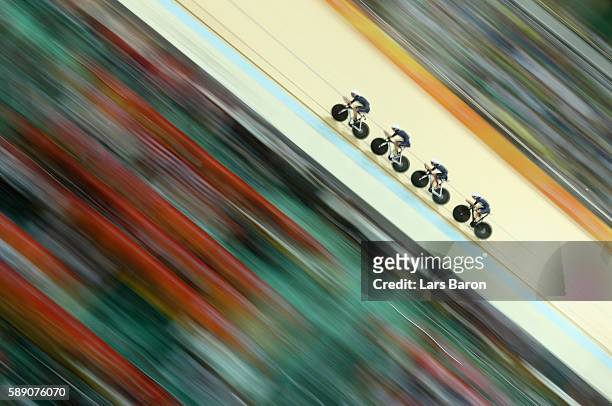 Team Great Britain competes in the Women's Team Pursuit first round on Day 8 of the Rio 2016 Olympic Games at the Rio Olympic Velodrome on August 13,...