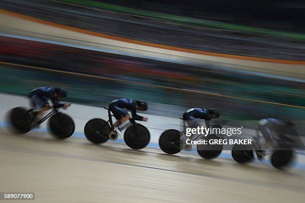 New Zealand's Rushlee Buchanan, New Zealand's Lauren Ellis, New Zealand's Jaime Nielsen and New Zealand's Racquel Sheath race during the women's Team...