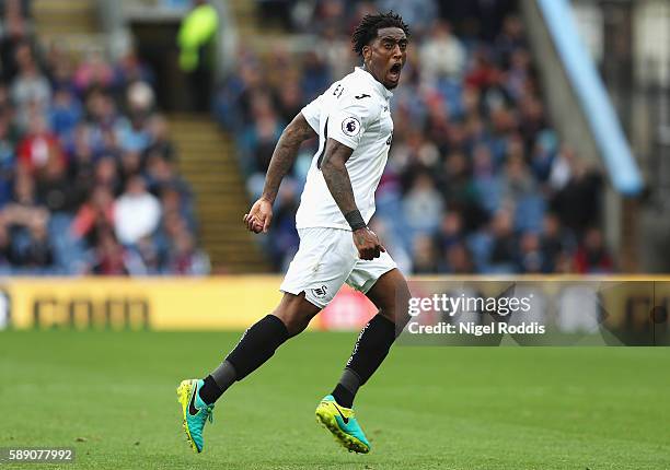 Leroy Fer of Swansea City celebrates scoring his sides first goal during the Premier League match between Burnley and Swansea City at Turf Moor on...