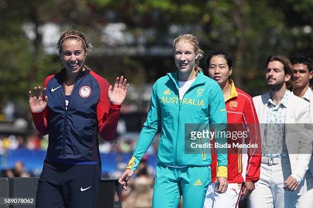 Silver medalist Genevra Stone of the United States, gold medalist Kimberley Brennan of Australia and bronze medalist Jingli Duan of China attend the...
