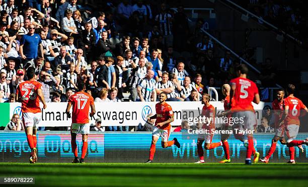 Jon Gorenc Stankovic of Huddersfield Town celebrates with team mates after scoring the opening goal during the Sky Bet Championship match between...