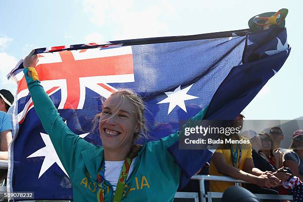Gold medalist Kimberley Brennan of Australia celebrates after the medal ceremony for the Women's Single Sculls on Day 8 of the Rio 2016 Olympic Games...