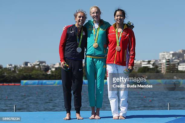 Silver medalist Genevra Stone of the United States, gold medalist Kimberley Brennan of Australia and bronze medalist Jingli Duan of China pose on the...