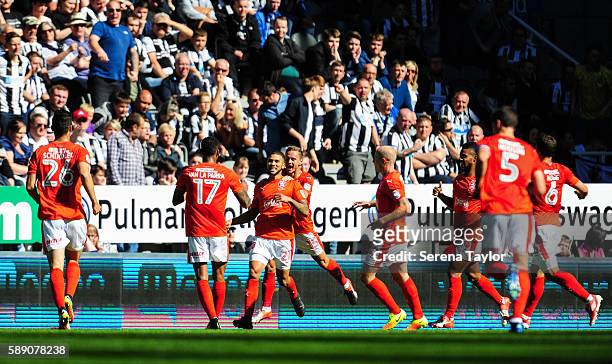 Jon Gorenc Stankovic of Huddersfield Town celebrates with team mates after scoring the opening goal during the Sky Bet Championship match between...