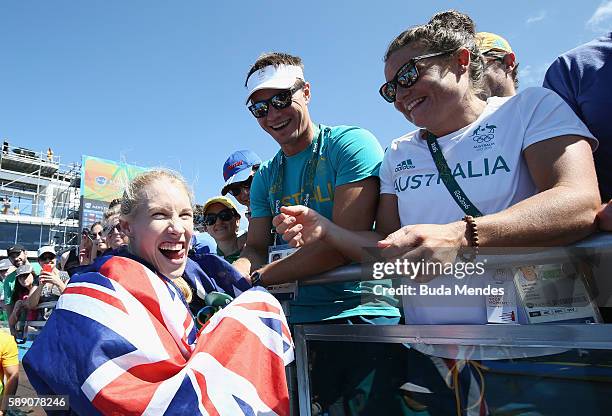 Gold medalist Kimberley Brennan of Australia celebrates after the medal ceremony for the Women's Single Sculls on Day 8 of the Rio 2016 Olympic Games...