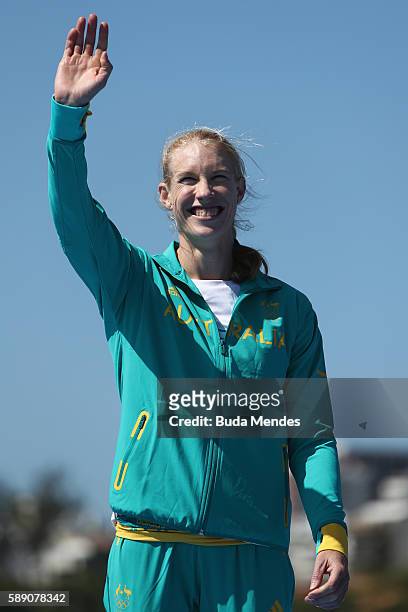 Gold medalist Kimberley Brennan of Australia celebrates at the medal ceremony for the Women's Single Sculls on Day 8 of the Rio 2016 Olympic Games at...