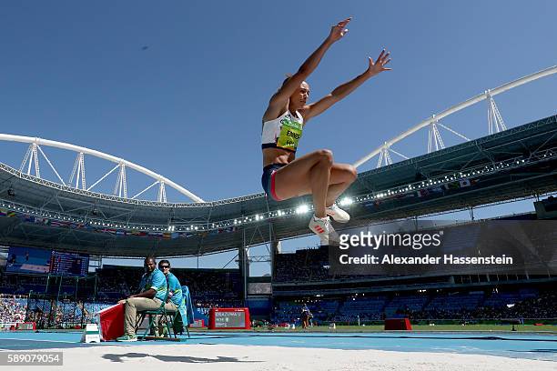 Jessica Ennis-Hill of Great Britain competes in the Women's Heptathlon Long Jump on Day 8 of the Rio 2016 Olympic Games at the Olympic Stadium on...