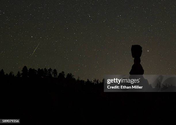 Perseid meteor streaks across the sky left of the hoodoo named Thor's Hammer early on August 13, 2016 in Bryce Canyon National Park, Utah. The annual...