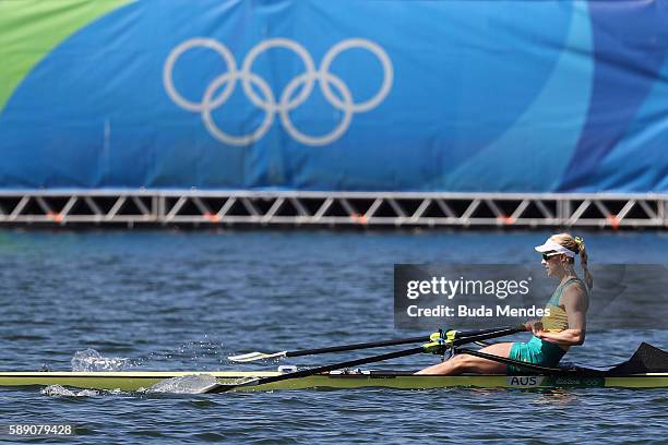 Kimberley Brennan of Australia competes in the Women's Single Sculls Final A on Day 8 of the Rio 2016 Olympic Games at the Lagoa Stadium on August...