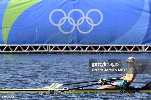 Australia's Kimberley Brennan rows to win the Women's Single Sculls final rowing competition at the Lagoa stadium during the Rio 2016 Olympic Games...