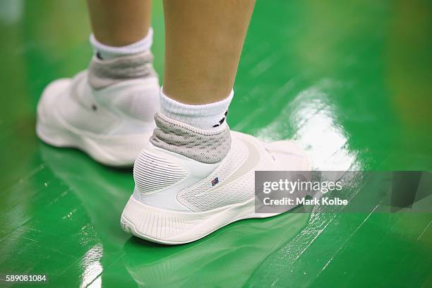 The shoes of Rachel Jarry of Australia are seen during the Women's round Group A basketball match between Australia and Belarus on Day 7 of the Rio...