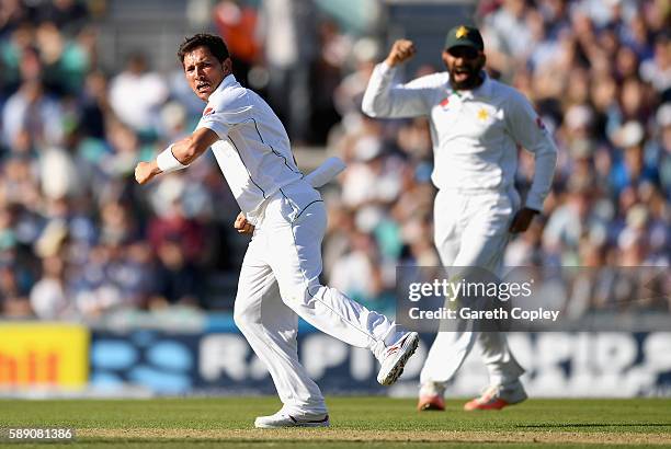 Yasir Shah of Pakistan celebrates dismissing Alex Hales of England during day three of the 4th Investec Test between England and Pakistan at The Kia...