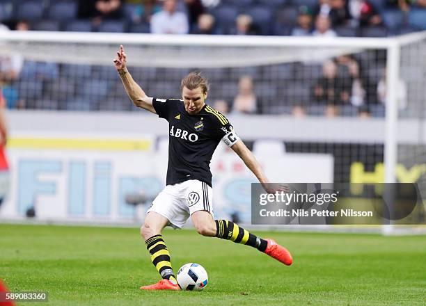 Nils-Eric Johansson of AIK during the allsvenskan match between AIK and Helsingborgs FF at Friends arena on August 13, 2016 in Solna, Sweden.