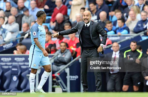 Manchester City manager Pep Guardiola shouts during the Premier League match between Manchester City and Sunderland at Etihad Stadium on August 13,...
