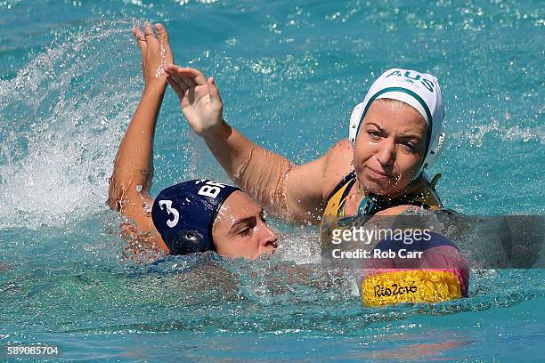 Zoe Arancini of Australia and Marina Zablith of Brazil go after the ball during the Womens Preliminaries on Day 8 of the Rio 2016 Olympic Games on...