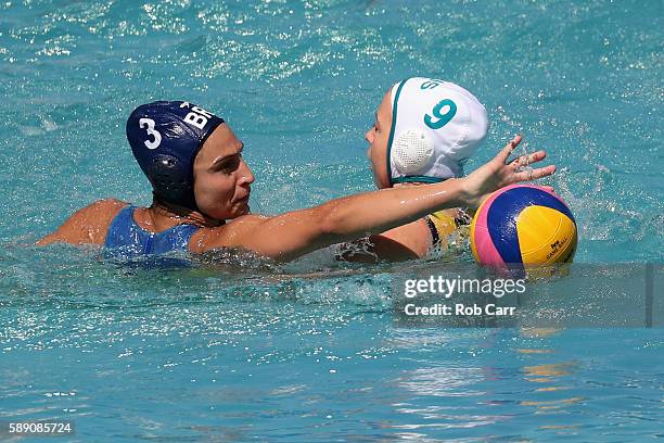 Zoe Arancini of Australia and Marina Zablith of Brazil go after the ball during the Womens Preliminaries on Day 8 of the Rio 2016 Olympic Games on...