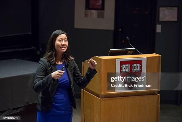 Boston City Councillor Michelle Wu speaking at Harvard University in Cambridge, MA during the Harvard Alumni Association Public Interest Forum on...
