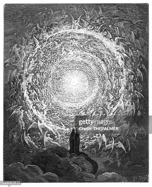 stockillustraties, clipart, cartoons en iconen met the circle of angels paradiso 1870 - gustave dore