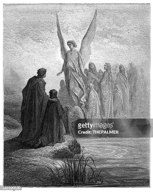 ilustrações, clipart, desenhos animados e ícones de chegada das almas purgatória gravura 1870 - dante inferno