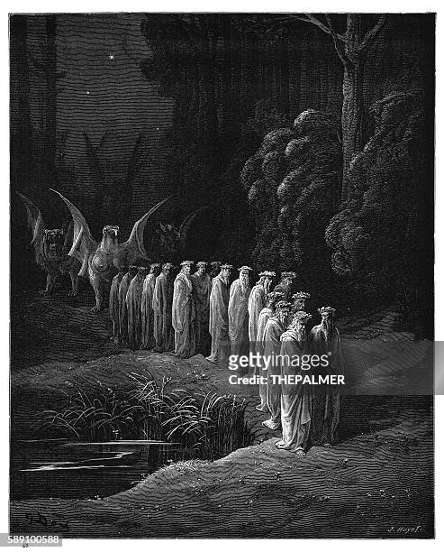 ilustraciones, imágenes clip art, dibujos animados e iconos de stock de la procesión apocalíptica grabado 1870 - judgment day apocalypse