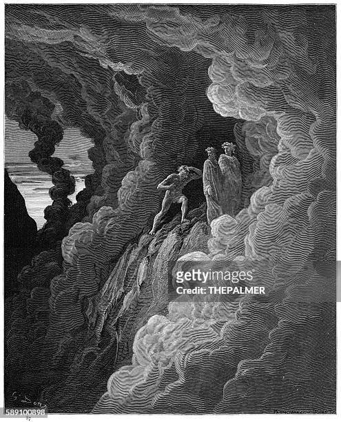 ilustrações, clipart, desenhos animados e ícones de lombardo no terceiro círculo do purgatório gravura 1870 - dante inferno