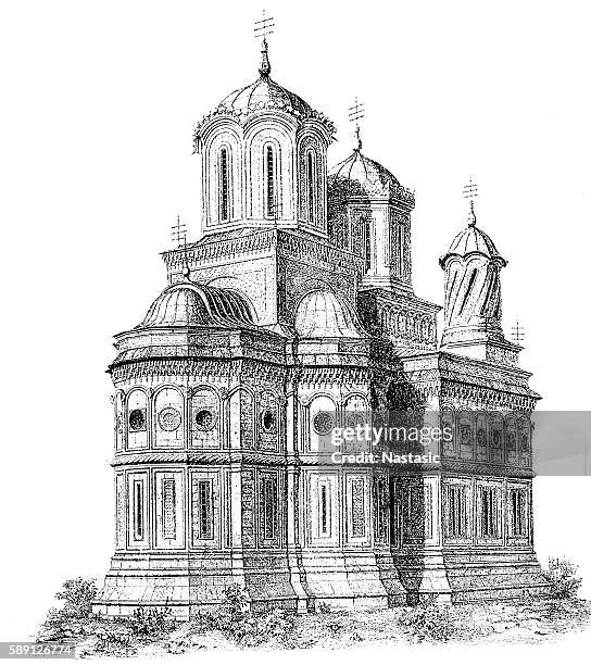 arges monastery in curtea de arges, romania - praying outside stock illustrations